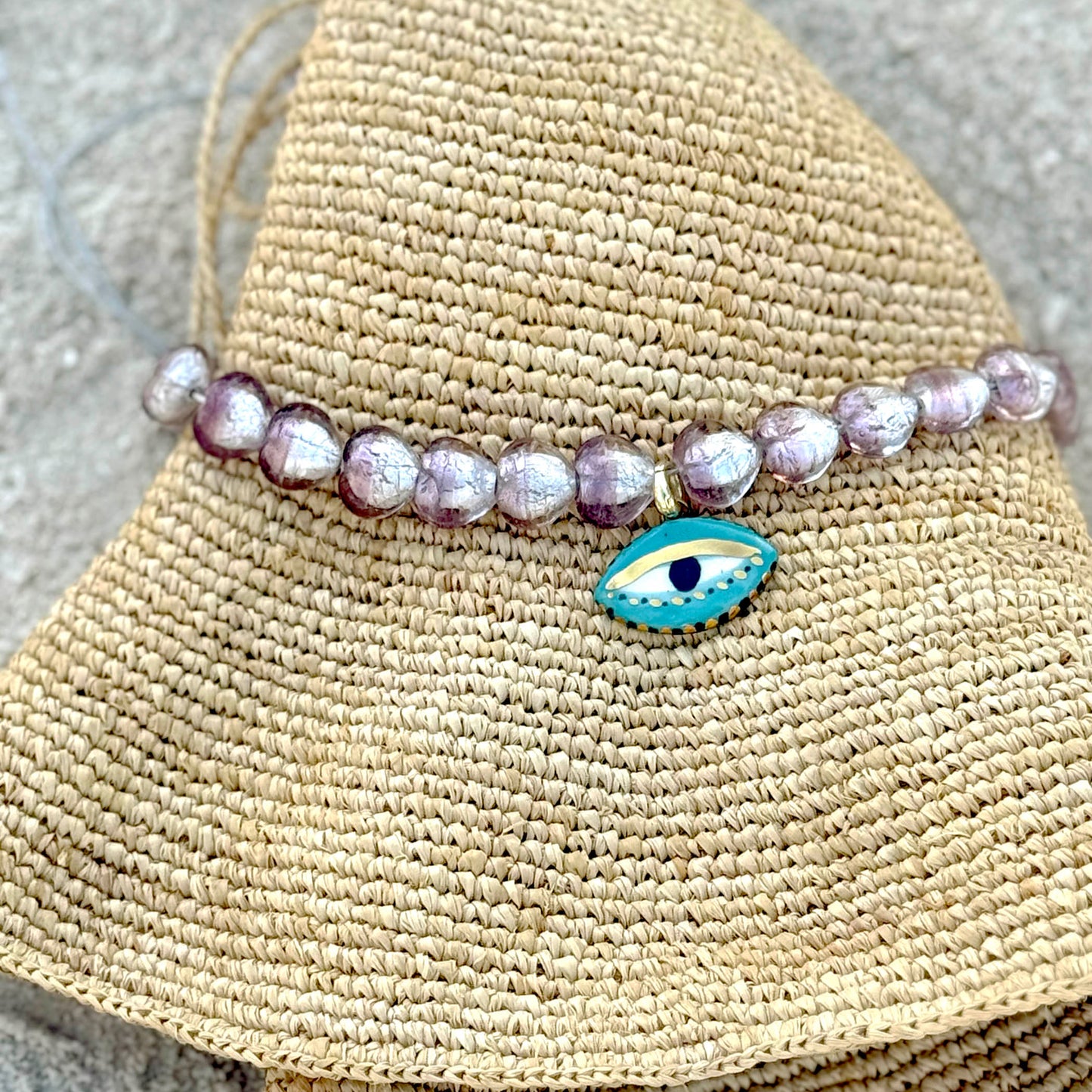Chunky Not so Evil Eye Beaded Necklace - vintage Lilac heart Glass Beads