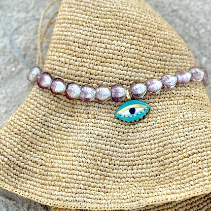 Chunky Not so Evil Eye Beaded Necklace - vintage Lilac heart Glass Beads
