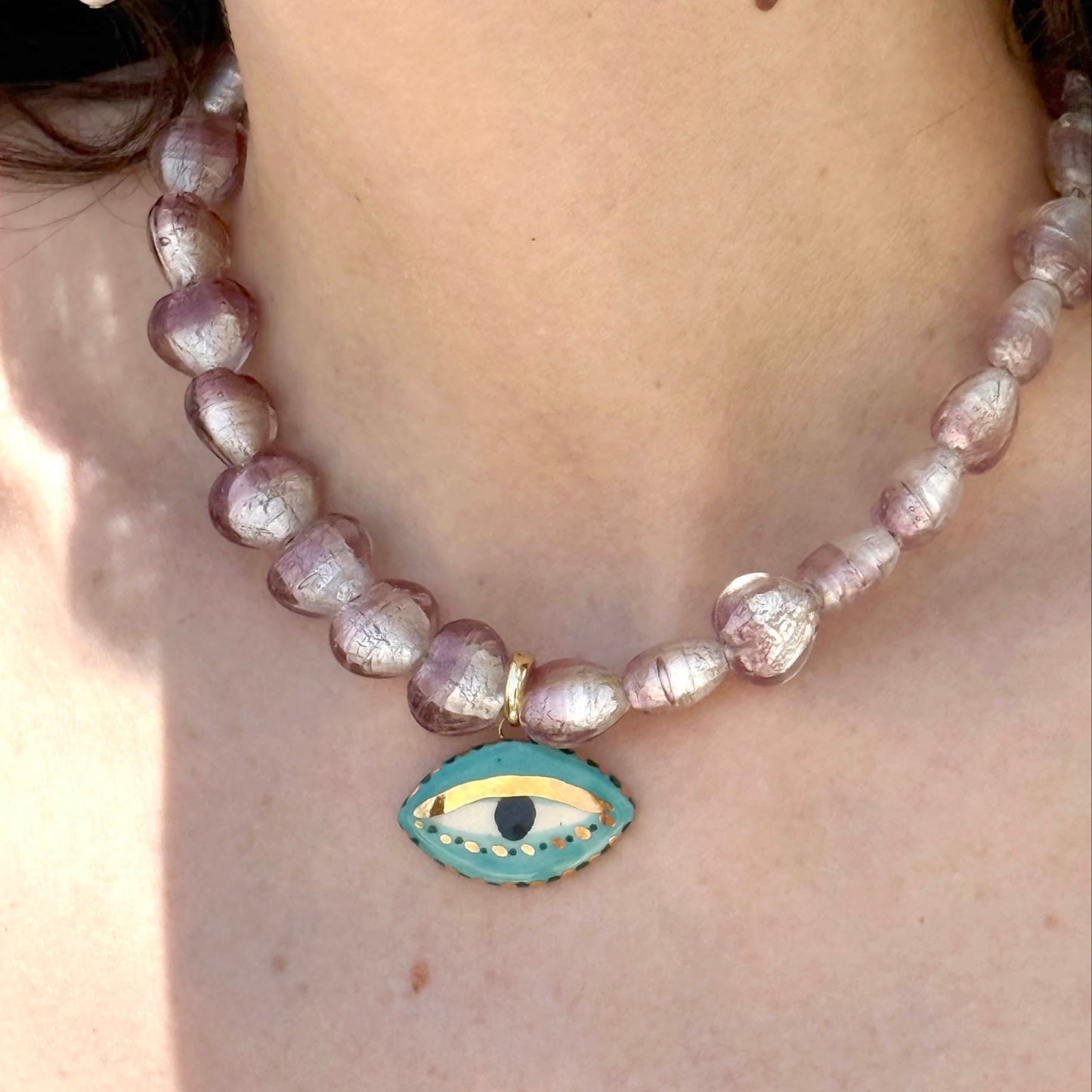 Chunky Not so Evil Eye Beaded Necklace - vintage Lilac heart Glass Beads