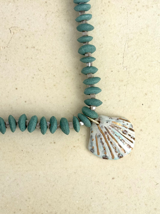 Teal Ashanti Beads Shell Charm Necklace
